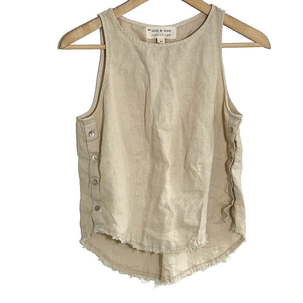 Cloth & Stone Sleeveless Top XS Oatmeal Beige Button Details Frayed Hem Linen